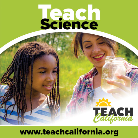 A Science teacher displays a jar of tadpoles to her student.